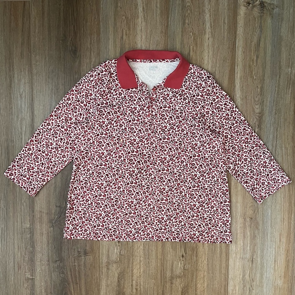 Cranberry Lands End V-Neck 3/4-Sleeve Printed Polo Tee
